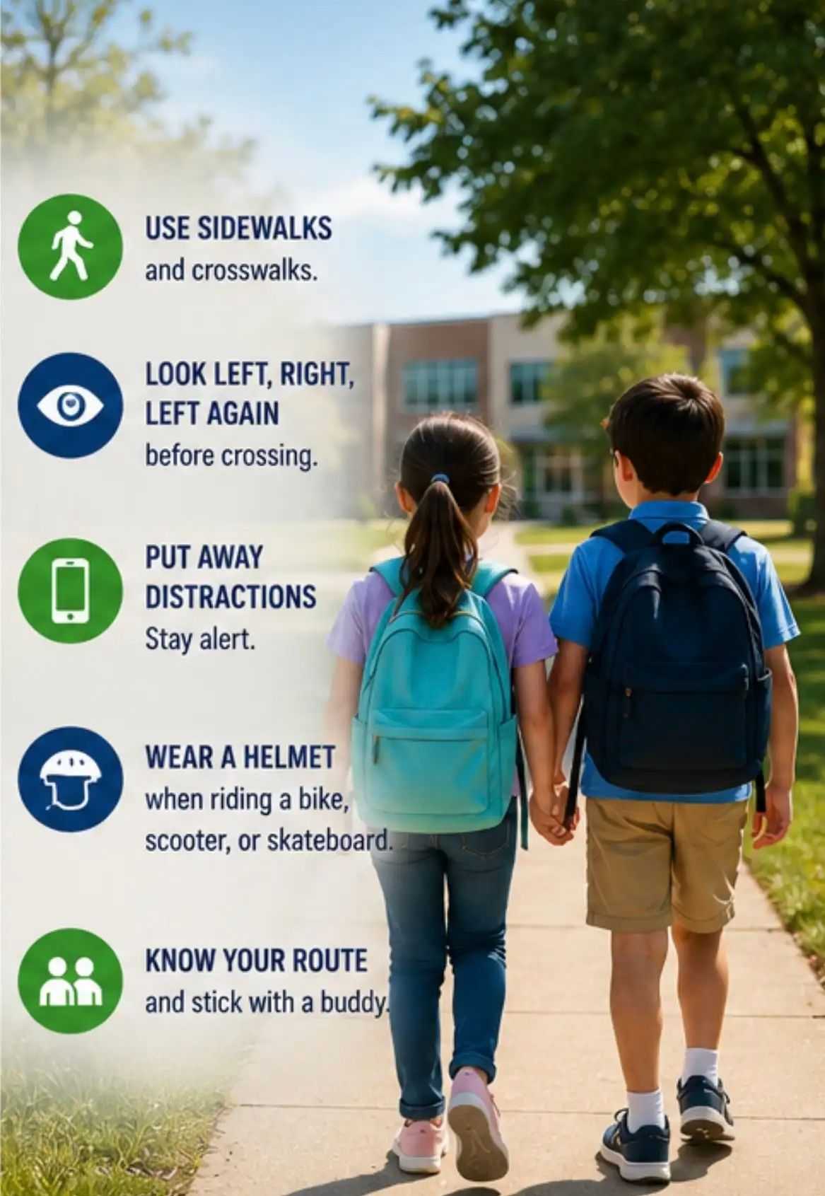 School safety poster showing two children with backpacks walking on a sidewalk beside tips to use crosswalks, stay alert, wear helmets, and walk with a buddy.